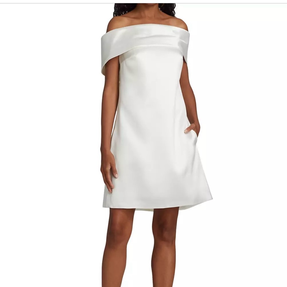 AMSALE off the shoulder shift dress in white